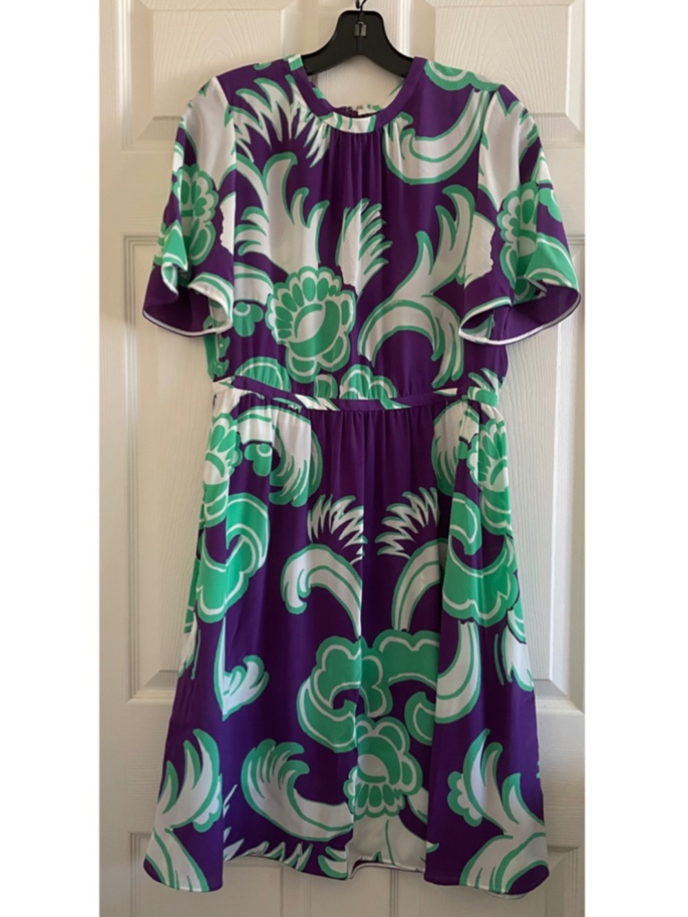 Valentino Lapis Printed Stretch Silk Flutter Sleeve Dress